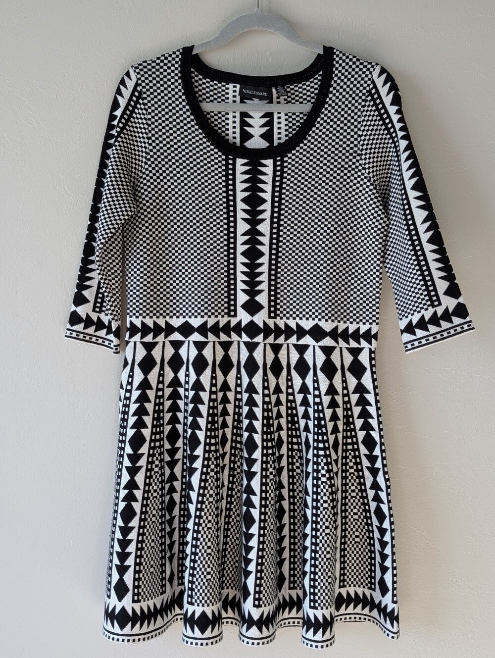 Nina Leonard Black White Geometric Print 3/4 Sleeve A‑Line Dress Size XL